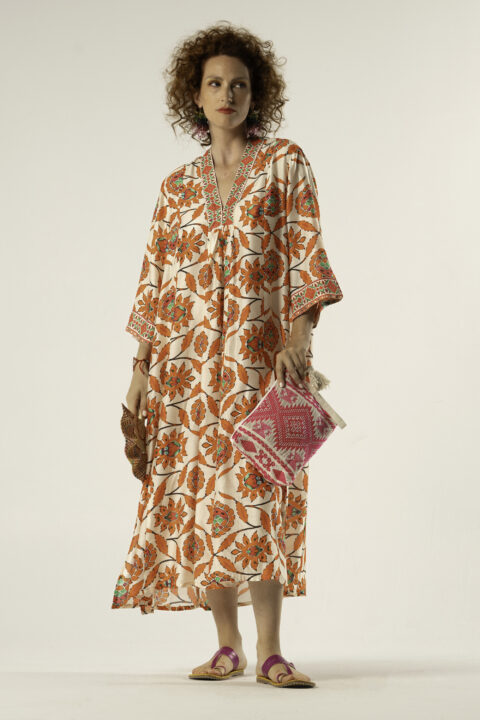 Marsha long dress Mystique Orange print cotton silk front view