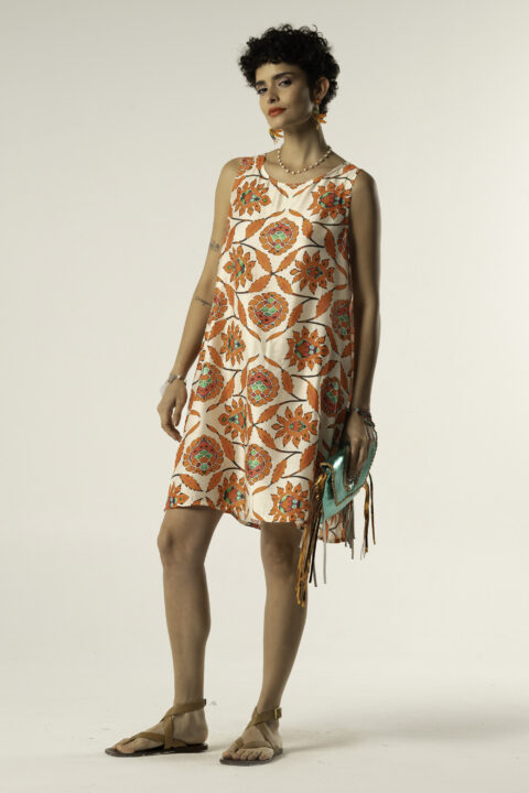 Crop dress Mystique Orange print cotton silk front view