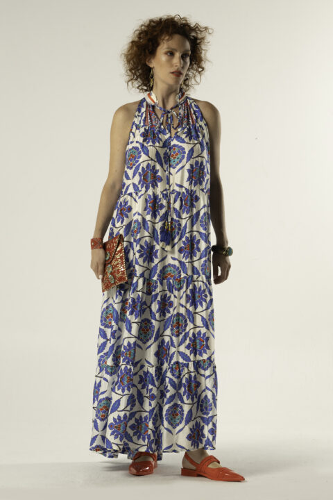 Samos long dress Mystique Blue print cotton silk front view