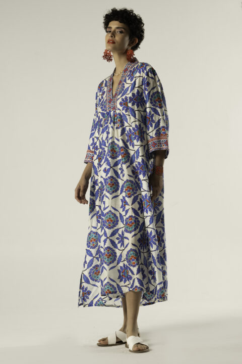 Marsha long dress Mystique Blue print cotton silk front view
