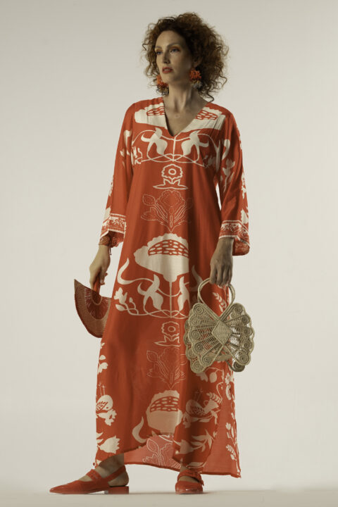 Morocco caftan Red Desire print cotton silk front view