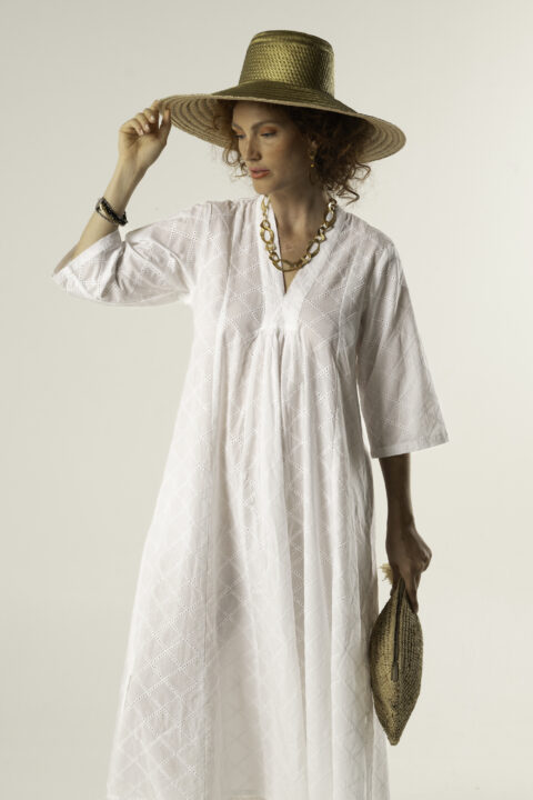 Model wearing Marsha Long White Cotton Embroidered Dress – maxi cotton dress with V-neck and 3/4 sleeves
