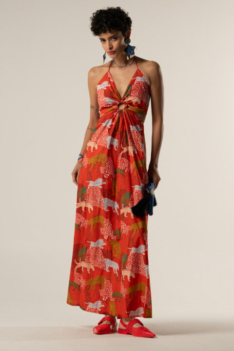 Model wearing Ibiza Dress in leopard red cotton halter style