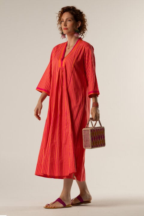 Marsha Coral Pink Cotton Midi Dress – Resortwear Kaftan