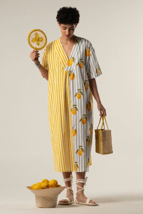 Model wearing Half and Half Long Lemon Print Caftan – cotton midi dress with striped design in blue, grey, and yellow