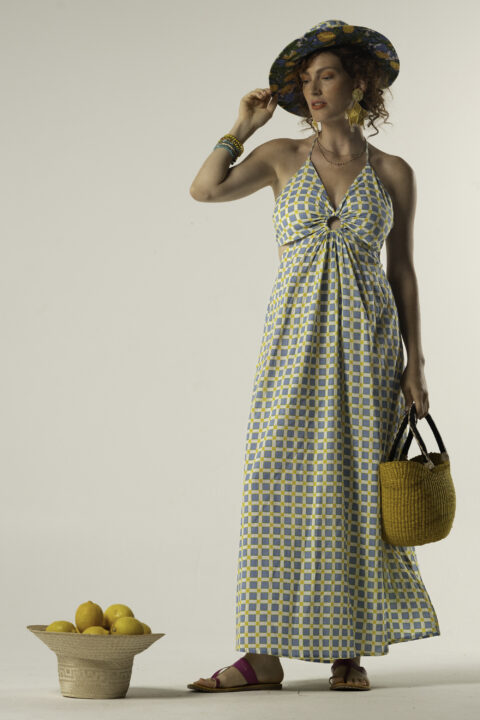 Model wearing Ibiza Dress in summer print cotton halter style