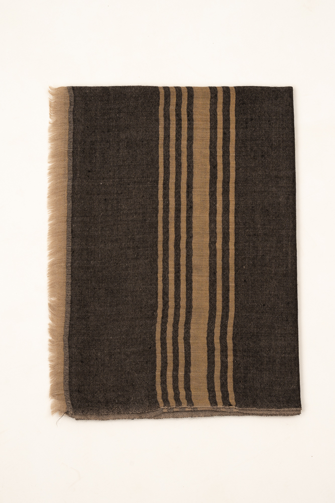 Grey and beige striped handwoven cashmere pashmina shawl with fringe edges