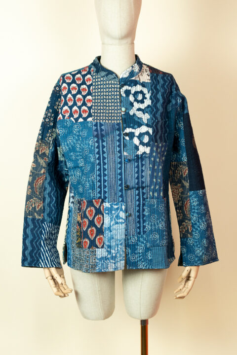 Double-sided quilted patchwork kimono – handmade large-size reversible jacket with blue and red fabric panels