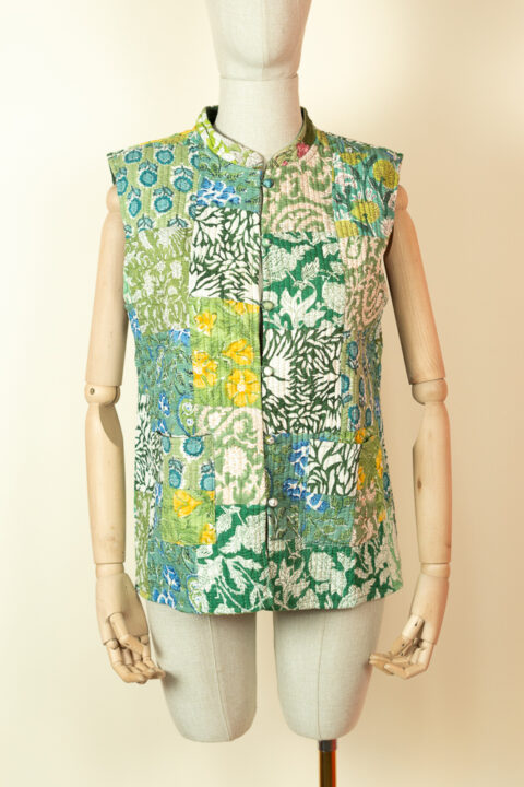 Reversible quilted vest – handmade sustainable sleeveless jacket with solid green and colorful patchwork sides