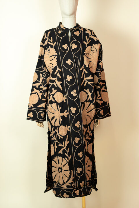 Image Alt Text (Main Image): Black Suzani kimono with beige embroidery – long embroidered cotton robe one size fits up to XL