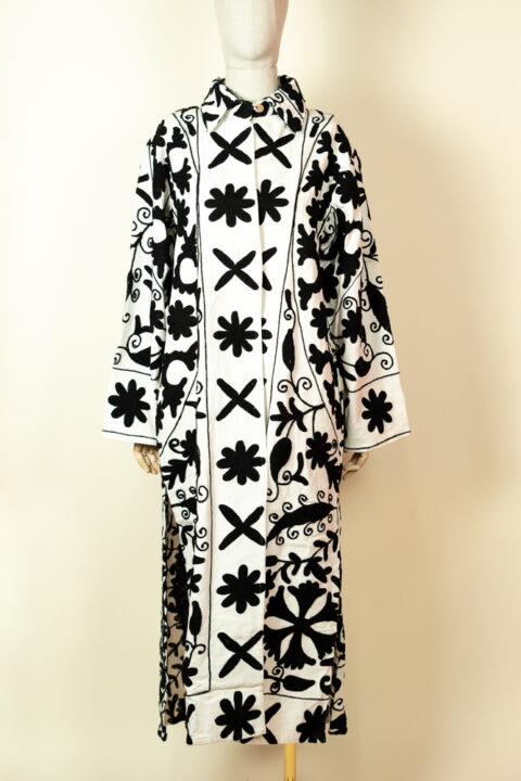 White Suzani kimono with black embroidery – long embroidered cotton robe one size fits up to XL