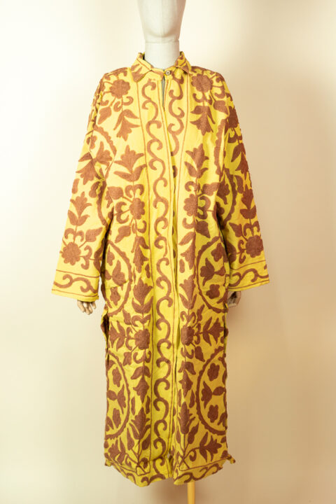 Yellow Suzani kimono with brown embroidery – long embroidered cotton robe one size fits up to XL