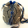 Handmade Wayuu bag – black and blue woven shoulder bag with tassels crafted by Wayuu artisans in Colombia
