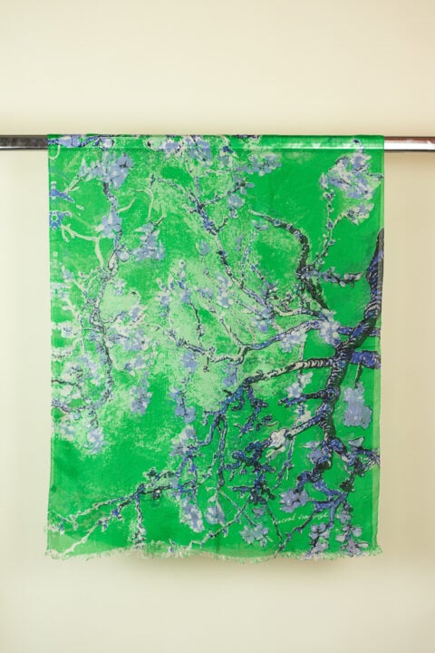 Green floral silk scarf 70x180 cm – lightweight pure silk fabric with artistic flower design