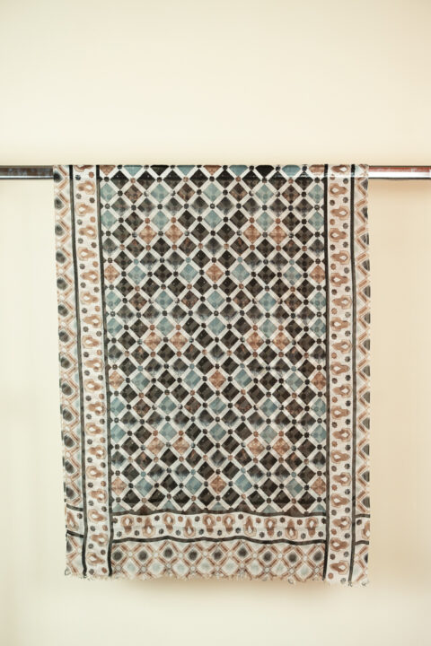 Geometric pattern silk scarf 70x180 cm – pure silk fabric with beige, blue, and brown diamond design