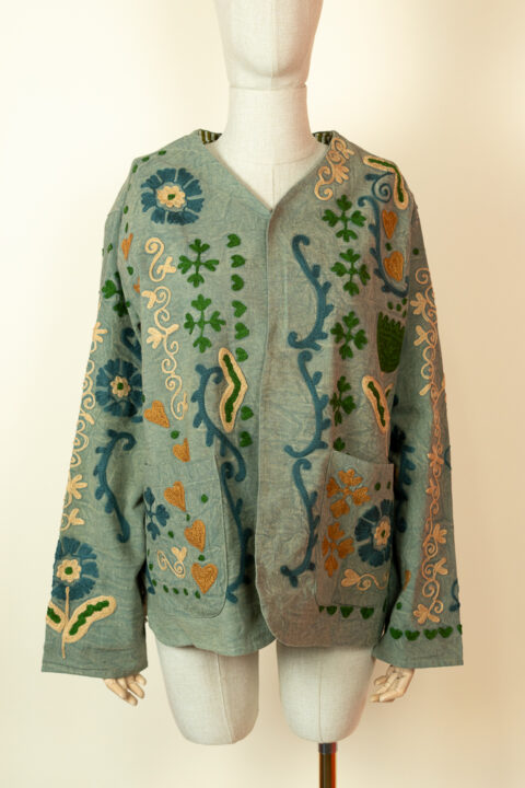 Suzani embroidered autumn jacket – front view with floral and peacock motifs on cotton fabric