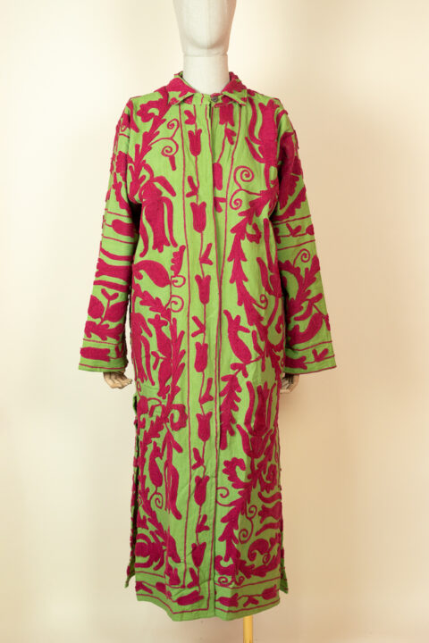 Green Suzani kimono with fuchsia embroidery – bold long embroidered cotton robe one size fits up to XL