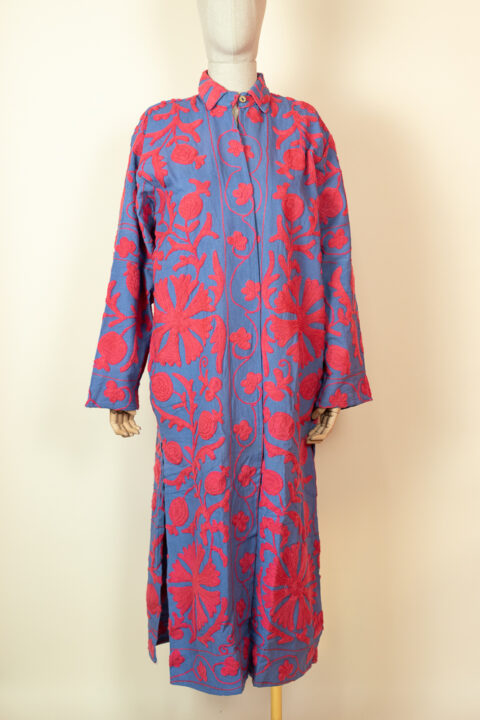 Purple Suzani kimono with fuchsia embroidery – long bold embroidered cotton robe one size fits up to XL
