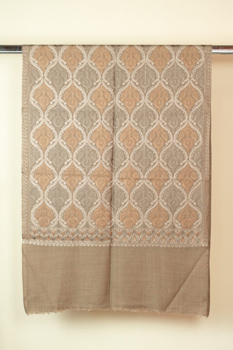 Beige pure wool shawl with embroidery, 78x205 cm, handmade artisan design.