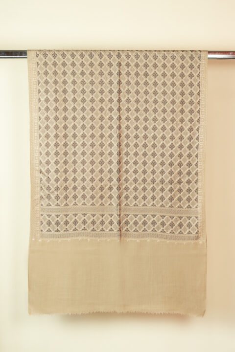 Beige wool shawl with brown embroidery 78x205 cm, elegant Knowmad design.
