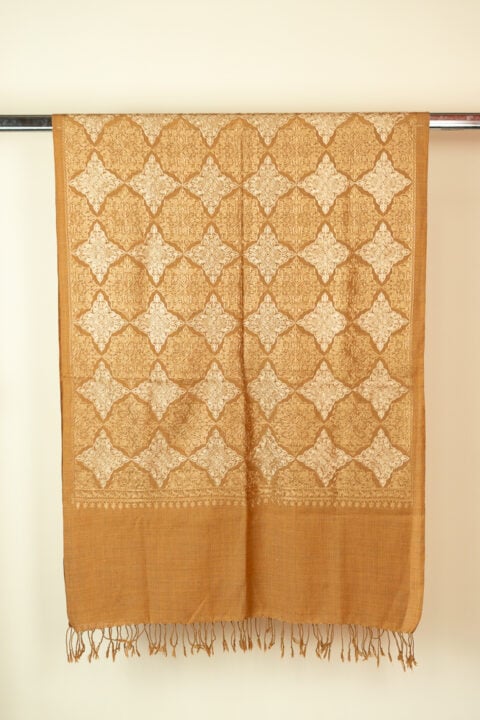Camel wool shawl with beige embroidery 78x205 cm, elegant Knowmad design.