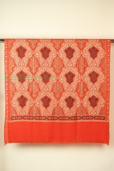 Red wool shawl with golden embroidery 78x205 cm, elegant Knowmad design.