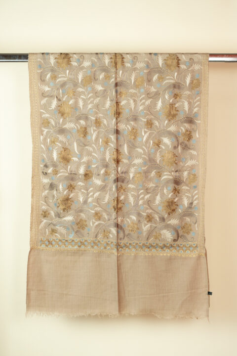 Beige wool shawl with gold and light blue floral embroidery 78x205 cm, elegant Knowmad design.