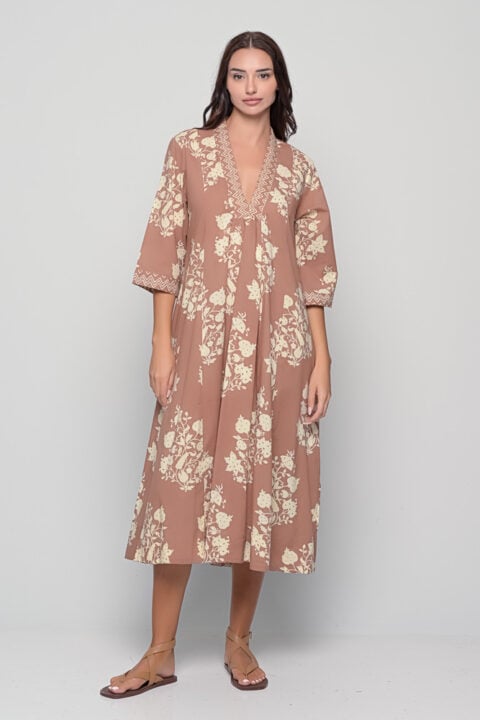 Marsha dress in Palladio brown print, cotton midi dress with detailed design by Knowmad.
