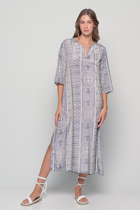 Titli caftan in Sueño grey print, one-size saree silk dress by Knowmad.