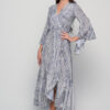 Aphrodite wrap dress in Sueño grey print, saree silk maxi wrap dress by Knowmad.