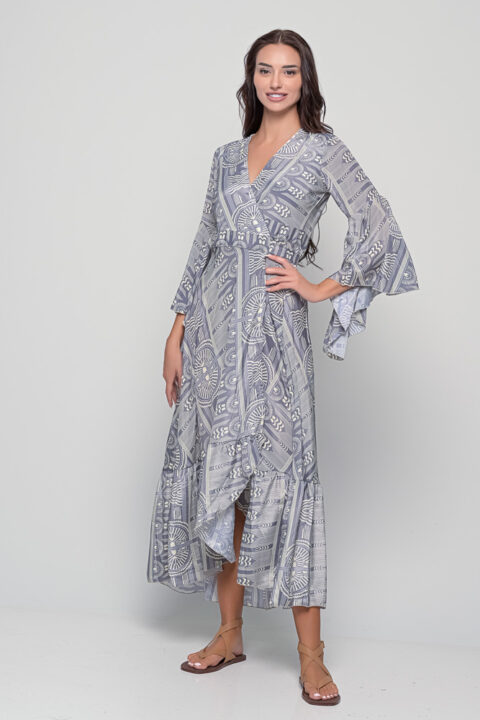 Aphrodite wrap dress in Sueño grey print, saree silk maxi wrap dress by Knowmad.
