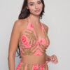 Ios Top in Seaweed Coral Print with golden details and elastic back, one-size saree silk halter top by Knowmad.