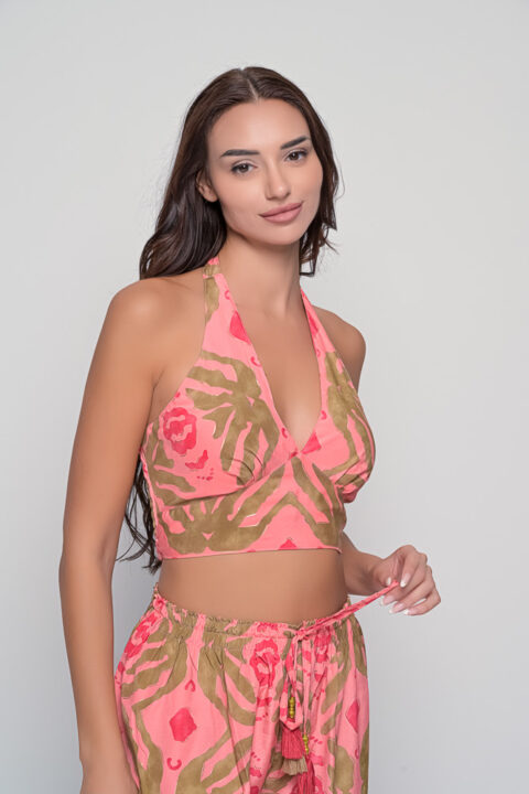 Ios Top in Seaweed Coral Print with golden details and elastic back, one-size saree silk halter top by Knowmad.