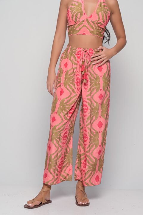 Anna trousers in Seaweed Coral Print, one-size saree silk pants by Knowmad with golden details.