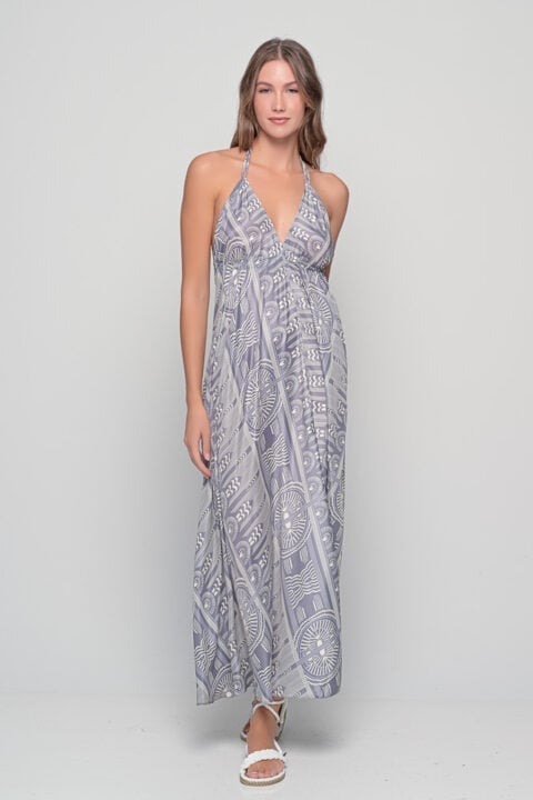 Beach Dress in Sueno Grey Print, one-size saree silk halter dress by Knowmad.