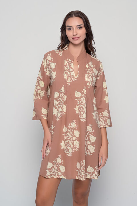 Pleats Tunic in Palladio Brown Print, free-size cotton tunic with front pleats by Knowmad.