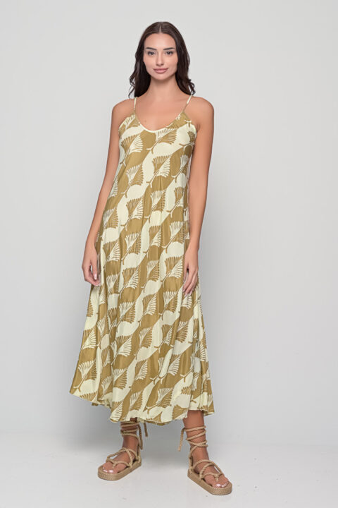 Lina midi dress in Tree Beige Print, one-size saree silk dress by Knowmad.