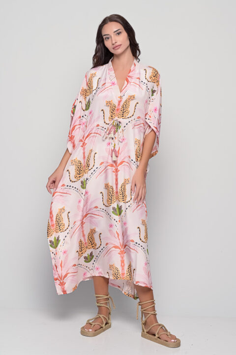 Durga Caftan in Tiger Print, one-size saree silk caftan by Knowmad.