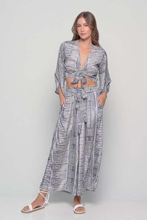 Osaka Set in Sueno Grey Print, free-size saree silk co-ord with tie-front top and wide-leg trousers by Knowmad.
