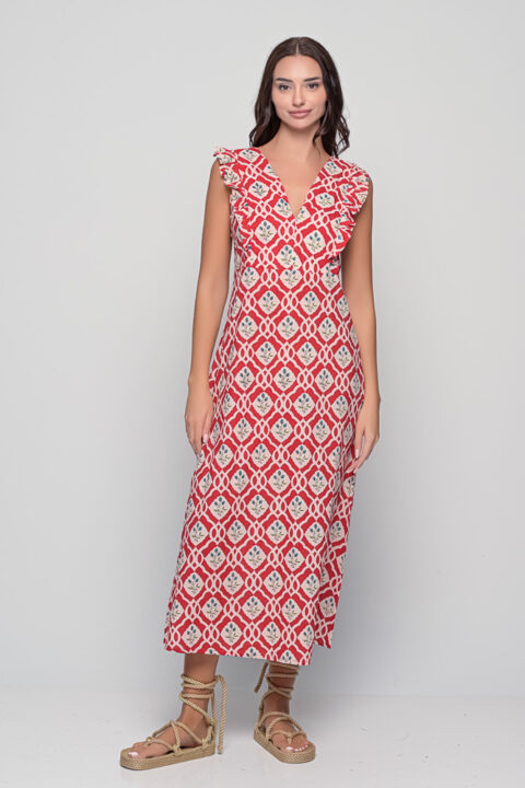 Acacia cotton midi dress in Red Triangular Print with ruffled shoulders and open back ties by Knowmad.