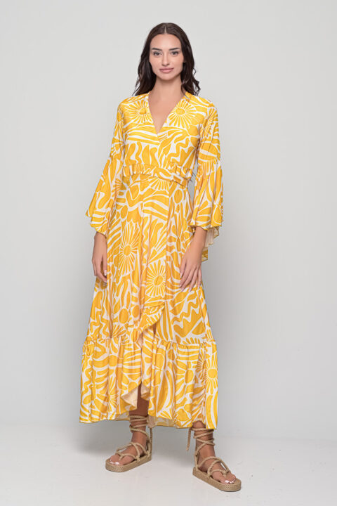Aphrodite wrap dress in Margaret yellow print, saree silk maxi wrap dress by Knowmad.