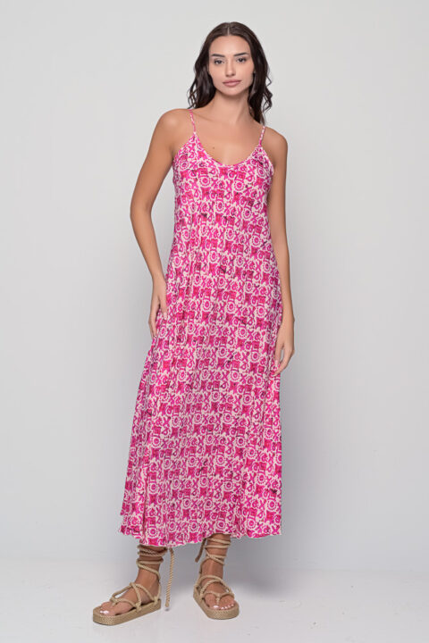 Lina Dress – Tuareg Fuchsia Print | Saree Silk | One Size