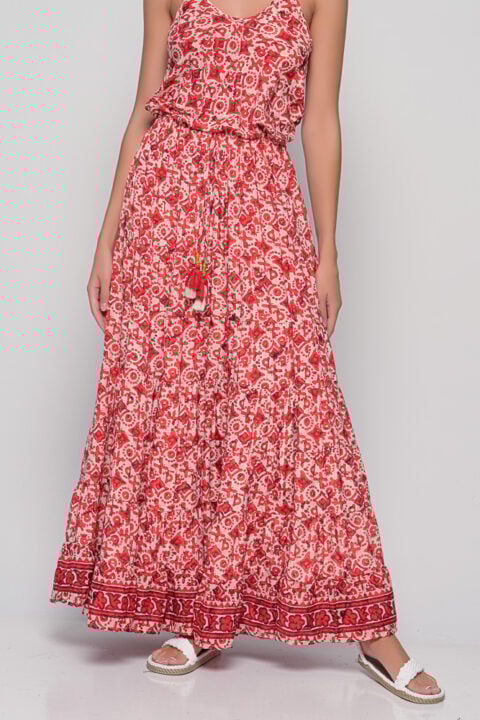 Panel Skirt in Tuareg Red Print, free-size saree silk skirt with border detail by Knowmad.