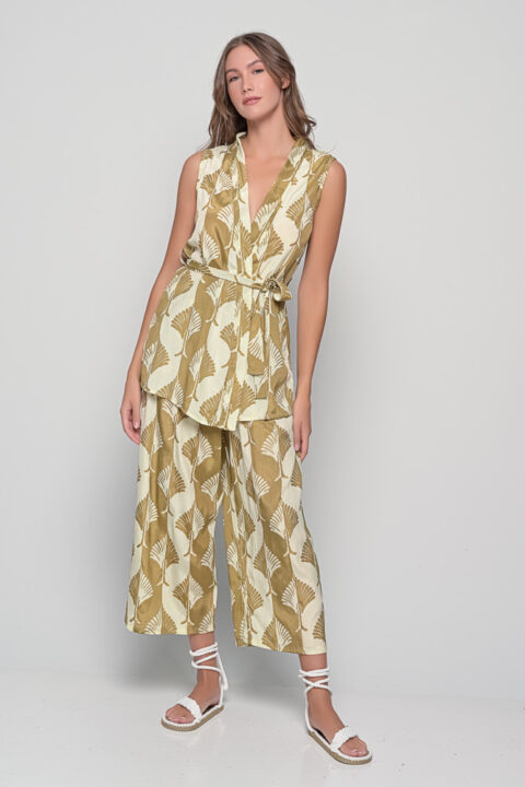 Lemnos Set in Tree Print, free-size saree silk co-ord with golden details inspired by Japanese style by Knowmad.