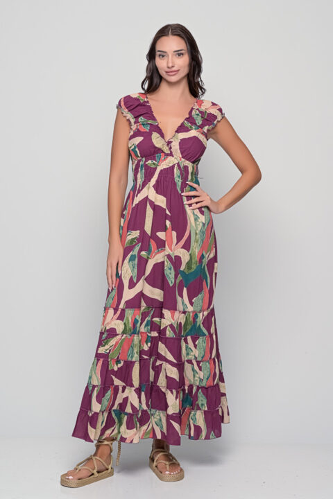 Malibu long dress in Alpinia Purple Print, cotton dress by Knowmad.