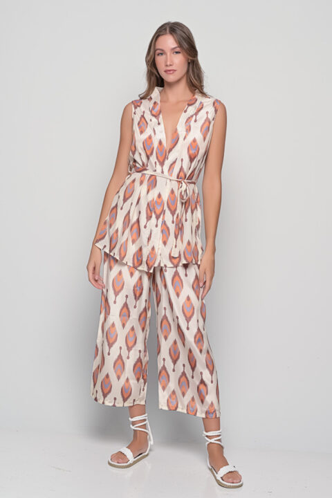 Lemnos Set in Flame Beige Print, one-size saree silk wrap top and wide-leg trousers by Knowmad.