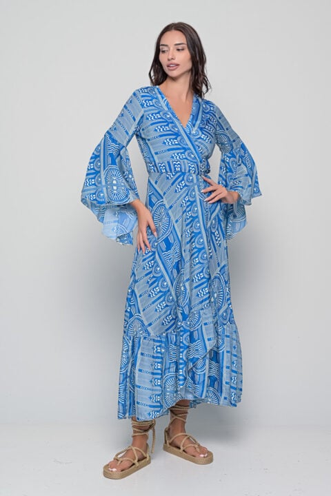 Aphrodite Wrap Dress – Sueño Blue Print | Saree Silk