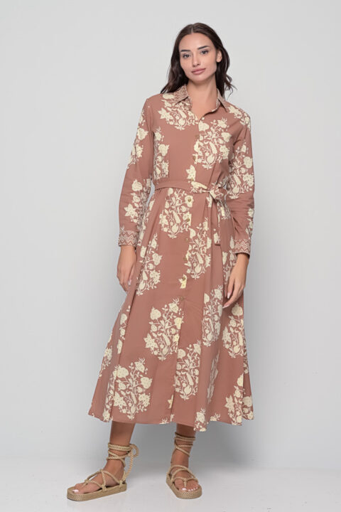 Beige Palladio Print Shirt Dress in cotton with long sleeves and waist belt