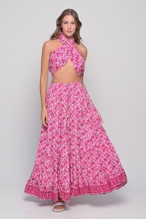 Panel Skirt – Tuareg Fuchsia Print | Saree Silk | Free Size