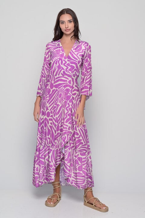 Aphrodite Wrap Dress – Margaret Purple Print | Saree Silk